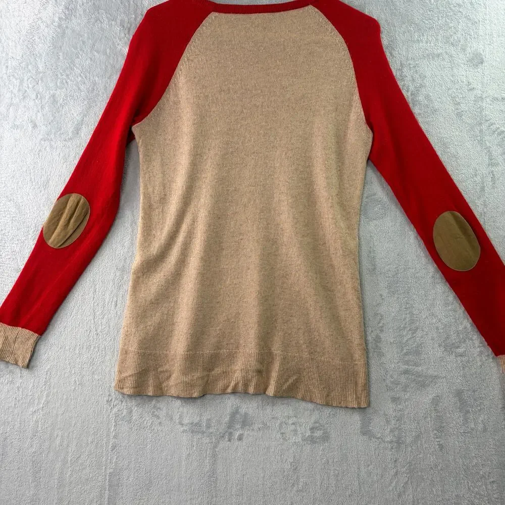 J. Crew Colorblock Red & Tan Side-Button Crewneck Sweater w/ Elbow Patches • XS